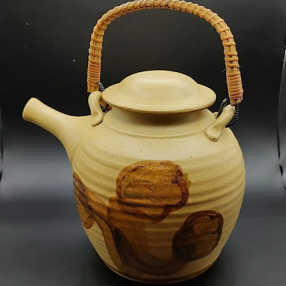 Vintage MCM California Art Pottery Teapot with a Woven Wicker Handle